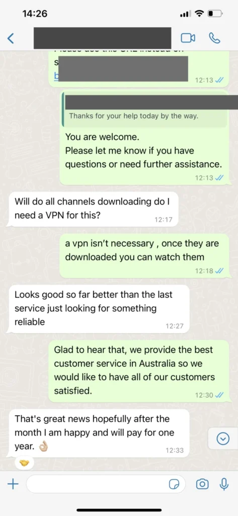 WhatsApp customer review 3 showing support reply for Smart TV setup