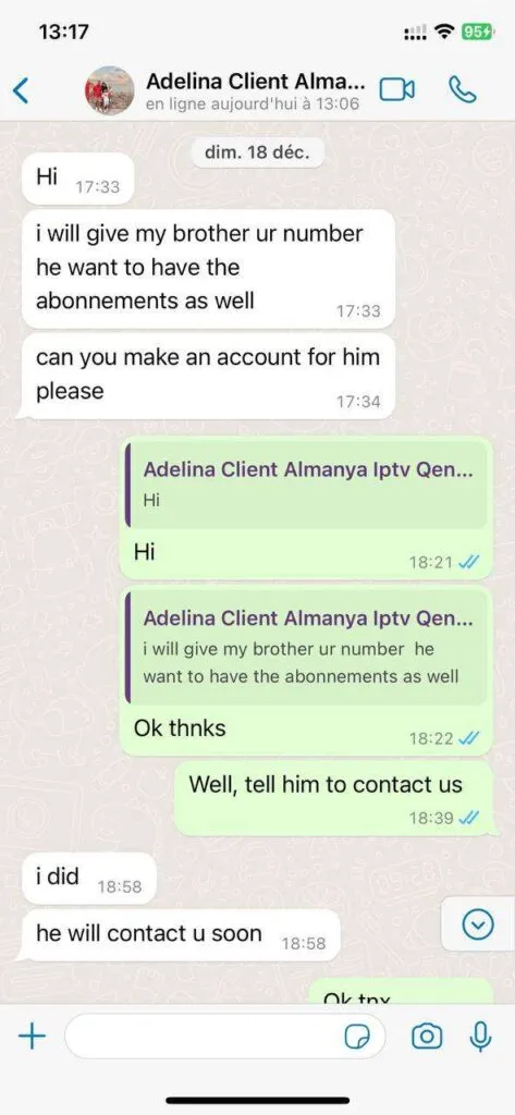 WhatsApp customer review 5 showing renewal feedback